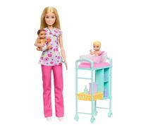 Barbie – Coffret Pédiatre JMK12 – Poupée blonde en blouse, 2 bébés, table d'examen et accessoires