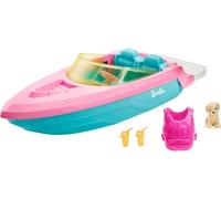 Barbie Mobilier Bateau pouvant Transporter 3 poupées avec Gilet de Sauvetage, Figurine Chiot et 2 Verres, Jouet pour Enfant, GRG29