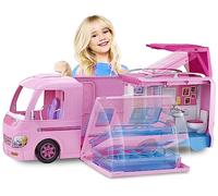 Barbie Mobilier Camping-Car Transformable pour poupées, véhicule de +60 cm incluant Deux hamacs, Accessoires et Piscine, Jouet pour Enfant, FBR34