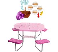 Barbie Mobilier Coffret d’extérieur pour poupée Table de Pique-Nique Rose avec sièges Ajustables et Hot-Dogs pour 4, Jouet pour Enfant, FXG40