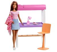 Barbie Mobilier Coffret d'Intérieur Poupée et Lit Superposé Transformable, Accessoires de Bureau Inclus, Jouet pour Enfant, FXG52 Multicolore