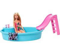 Barbie Mobilier Coffret poupée Blonde en Maillot de Bain et sa Piscine, avec Toboggan, Serviette et Verres de Cocktail, Jouet pour Enfant, GHL91