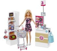 Barbie Mobilier Coffret Supermarché fourni avec poupée à robe fleurie, rayon de marchandise, caisse et accessoires, jouet pour enfant, FRP01