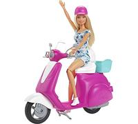 Barbie Mobilier poupée Blonde avec Son Scooter Rose et Blanc, Casque Inclus, Jouet pour Enfant, GBK85