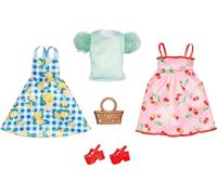 Barbie Fashion Pack - HJT33 - Ensemble 2 tenues de vêtements pour poupée - robe rose à pois blancs et motif cerise, robe vichy