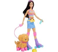 Barbie Poupée Barbie et son Chiot sur Patins à Roulettes, poupée brune avec laisse, patins à roulettes assortis, lunettes de soleil et accessoires pour animal, JMJ45