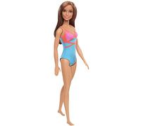 Barbie Plage poupée aux Cheveux châtains en Maillot de Bain Une pièce Rose et Bleu géométrique, Jouet pour Enfant, GHW40