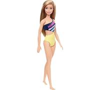 Barbie Plage poupée Blonde en Maillot de Bain Une pièce asymétrique Bleu Marine et Jaune à Rayures, Jouet pour Enfant, GHW41