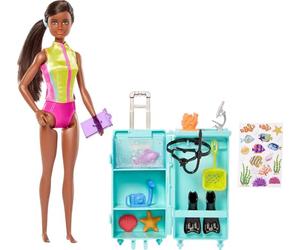 Barbie Plongeuse Coffret avec poupée Barbie Brune et Laboratoire Mobile, avec Plus de 10 Accessoires et casier Qui s’ouvre pour Ranger Les Accessoires, Jouet Enfant, Dès 3 Ans, HMH27