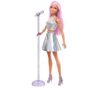 Barbie Popsterpop in regenboogkleurige rok met microfoon en roze haar, cadeau vo
