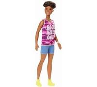 Barbie Fashionistas Poupée Mannequin #128 aux Cheveux Courts Rasés sur Les côtés, Short, Débardeur Rose et Baskets Jaunes, Jouet pour Enfant, GHP98