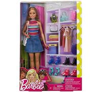 Barbie - Poupée avec Body Rayé Coloré et Jupe de Jeans, de Nombreuses Paires de Chaussures, Sacs à Main et Accessoires de Mode, Jouet pour Enfants 3+ Ans, FVJ42