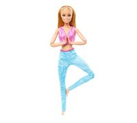 Barbie Poupée Barbie Fitness aux cheveux blonds vêtue d’un haut de sport rose amovible et d’un pantalon de yoga bleu, 22 points d’articulation, HRH27