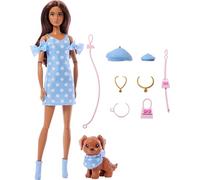 Barbie Brunette Doll With Dog Twining Looks Bleu