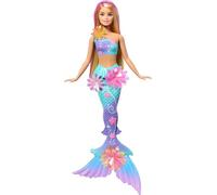 Barbie Poupée Barbie Sirène Fleur Magique blonde avec éclosion de fleurs surprise, queues en dégradé de couleurs, serre-tête perlé et longs cheveux blonds avec mèches roses