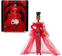 Barbie Poupée Barbie Spécial 80ème Anniversaire de Mattel Poupée emblématique à collectionner dans une robe en tulle rouge pailletée avec pendants d’oreilles et gants transparents, brune, JBJ18