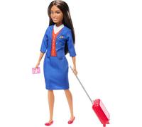 Barbie Poupée Brunette Fashion Attendant en uniforme bleu amovible, comprend une valise à roulettes, des écouteurs et des accessoires pour passeport