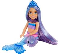 Barbie Poupée Chelsea Sirène (Cheveux Bleus et Violets) de Mermaid Power, avec 2 Animaux, Coffre au Trésor et Accessoires, Jouet Enfant, Dès 3 Ans, HHG57