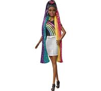 Barbie Poupée Chevelure Arc-en-Ciel Paillettes avec Long Cheveux Bruns Colorés, Peigne et Accessoires Inclus, Jouet pour Enfant, FXN97