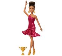 Barbie Poupée Danseuse de Salon et Accessoires avec robe à volants rouge, chaussures de danse, cheveux coiffés bruns et accessoire trophée de danse, JFR09
