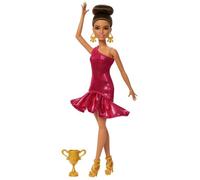 Barbie Poupée Danseuse de Salon et Accessoires avec robe à volants rouge, chaussures de danse, cheveux coiffés bruns et accessoire trophée de danse, JFR09