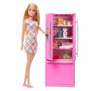 Barbie Poupée et cuisine avec réfrigérateur | 10 accessoires dont des aliments, plus une planche d'autocollants, JKB52