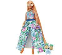 Barbie Poupée Extra Chic de morphologie Ronde avec Tenue Deux pièces à Fleurs, Un Chaton, Cheveux très Longs et Accessoires, Points d’Articulation, Jouet Enfant, Dès 3 Ans, HHN14