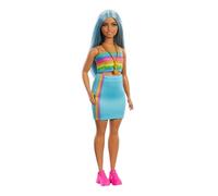 Barbie Poupée Fashionistas avec de Longs Cheveux Bleus, Haut Arc-en-Ciel et Jupe Turquoise, poupée à Collectionner, 65ème Anniversaire, HRH16