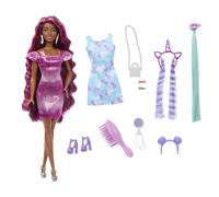 Barbie® Fun & Fancy Hair Poupée avec cheveux noirs colorés extra-longs et robe rose brillante ainsi que 10 accessoires de mode et de coiffure, JDC86