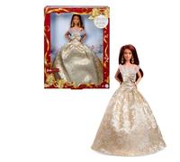 Barbie Poupée Joyeux Noël 2025 aux Cheveux Brun foncé emblématique Portant Une Robe Agent et Or, poupée Collector pour Les fêtes, avec Emballage de présentation et Socle, JBJ02