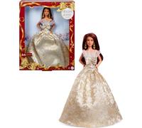 Barbie Poupée Joyeux Noël 2025 aux Cheveux Brun foncé emblématique Portant Une Robe Agent et Or, poupée Collector pour Les fêtes, avec Emballage de présentation et Socle, JBJ02