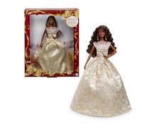 Barbie Poupée Joyeux Noël 2025 aux Cheveux Noirs emblématique Portant Une Robe Agent et Or, poupée Collector pour Les fêtes, avec Emballage de présentation et Socle, JBJ01