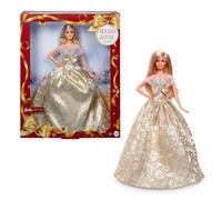 Barbie Poupée Joyeux Noël 2025, poupée Blonde emblématique Portant Une Robe Agent et Or, poupée Collector pour Les fêtes, avec Emballage de présentation et Socle, JBJ00