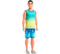 Barbie Poupée Ken Fashionistas HYV00 – débardeur bleu-vert, short en jean, cheveux noirs, 3ans+