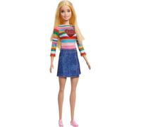 Barbie Poupée Malibu » Roberts avec Cheveux Blonds, T-Shirt Arc-en-Ciel, Jupe en Jean et Chaussures, Jouet Enfant, De 3 à 7 Ans, HGT13