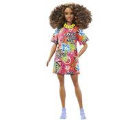 Barbie Poupée Mannequin Fashionistas, Cheveux Bruns bouclés, Silhouette athlétique, Robe t-Shirt imprimée de Graffitis, vêtements et Accessoires, Jouet Enfant, Dès 3 Ans, HJT00