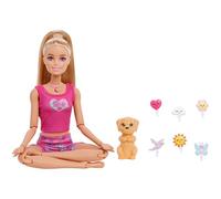 Barbie Poupée Mouvements Méditatifs, poupée en tenue de yoga avec 6 modes de méditation activés par les lumières, les sons et la musique, chiot avec 6 accessoires fixables, blonde, JJN55