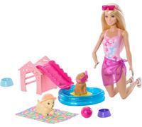 Barbie Coffret Piscine des Chiots JBF35 – Poupée, 2 Chiots, Piscine Cœur, Changement de Couleur