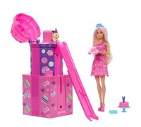 Barbie Poupée Révélation Surprise et Accessoires de la collection Fête d’Anniversaire avec 12 surprises, dont un toboggan et des éléments qui changent de couleur (les modèles peuvent varier), JKF66