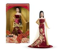 Barbie Poupée Signature Nouvel an Chinois Portant Une Robe Rouge à imprimé Pivoine doré, Jouet à Collectionner pour Les fêtes, JJX83
