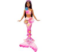 Barbie Poupée Sirène Fleur Magique avec éclosion de Fleurs Surprise, queues en dégradé de Couleurs, Serre-tête perlé et Longs Cheveux Bruns avec mèches Violettes, JDM73