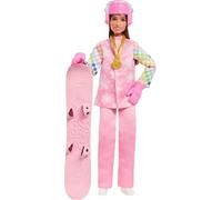 Barbie Poupée snowboardeuse vêtue d’une veste de ski rose, un pantalon et des bottes avec plus de 10 accessoires dont un snowboard qui change de couleur, JKF78