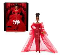 Barbie Poupée Barbie Spécial 80ème Anniversaire de Mattel Poupée emblématique à collectionner dans une robe en tulle rouge pailletée avec pendants d’oreilles et gants transparents, brune, JBJ18