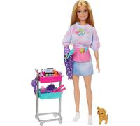 Barbie - Poupée styliste Malibu et 14 Accessoires, thème Coiffure et Maquillage avec Chiot et Chariot de stylisme, HNK95