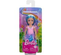 Barbie Royal Chelsea petite poupe avec des cheveux bleus portant des chaussures de jupe amovible et un bandeau blanc