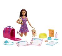 Barbie Poupée Adopt Puppets Robe violette dorée – Coffret 2 chiots, plus de 10 accessoires