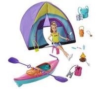 Barbie Famille Coffret Stacie en camping, poupée blonde, tente, kayak et plus de 15 accessoires inclus, jouet pour enfant, GJB58