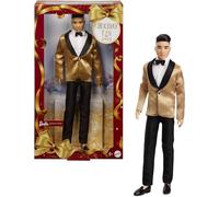 Barbie Signature 2025 Poupée de collection Ken aux cheveux noirs portant un costume complet avec veste dorée dans un emballage d'affichage et un support de poupée