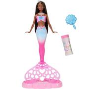 Barbie Sirène Bulles Magiques Poupée à Longue Chevelure Brune aux mèches colorées avec Fonction pour Faire, Savon à Bulles, Plateau et Brosse à Cheveux, JNM73