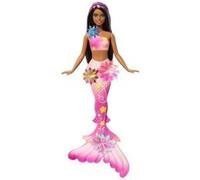 Barbie Poupée Sirène Fleur Magique avec éclosion de Fleurs Surprise, queues en dégradé de Couleurs, Serre-tête perlé et Longs Cheveux Bruns avec mèches Violettes, JDM73